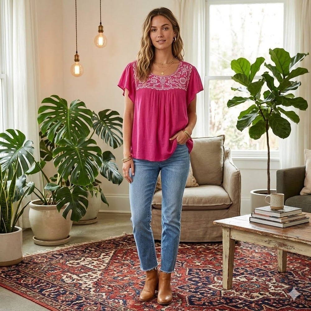 Savanna Jane Womens 2X Magenta Pink Embroidered Boho Flutter Sleeve Top PK17784